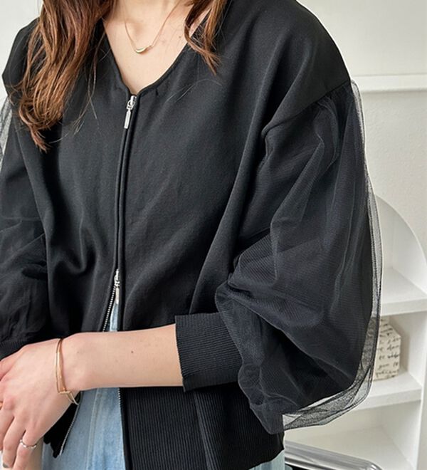 GeeRA（ジーラ）の「チュール袖ダブルジップカーディガン（ニットカーディガン）」｜詳細画像