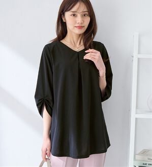 alotta（アロッタ）の「＜６つの機能付＞７分袖Ａラインフレアチュニックブラウス（チュニック）」｜ブラック