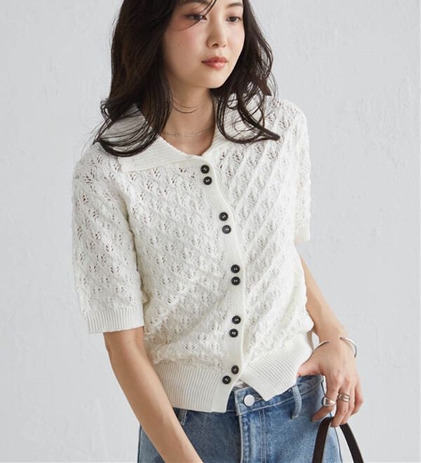 RANAN（ラナン）の「透かし柄サマーニットポロカーデ（ニット・セーター）」｜詳細画像