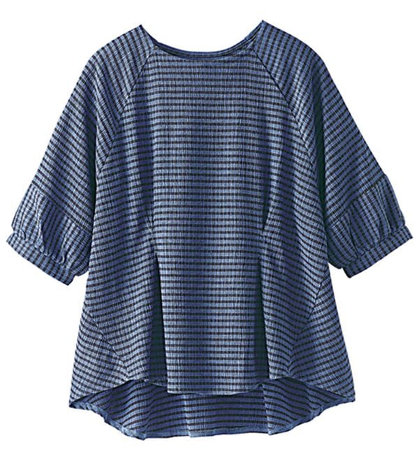 BELLUNA（ベルーナ）の「サッカー素材タック使いランタン袖プルオーバー（カットソー）」｜ブルー系