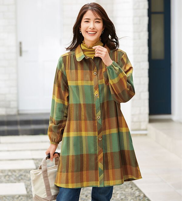 「裏フリースほっこりかっぽうチュニック（チュニック）」｜ミックスチェック