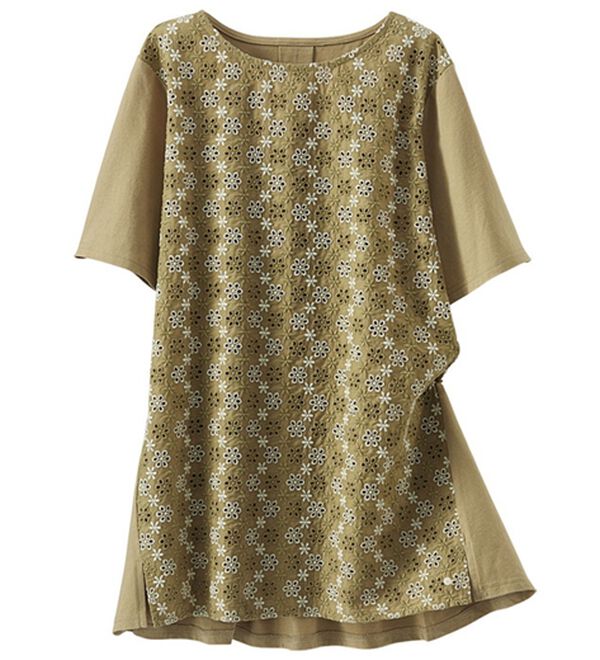 BELLUNA（ベルーナ）の「配色レース使いカットソーチュニック（チュニック）」｜カーキ系