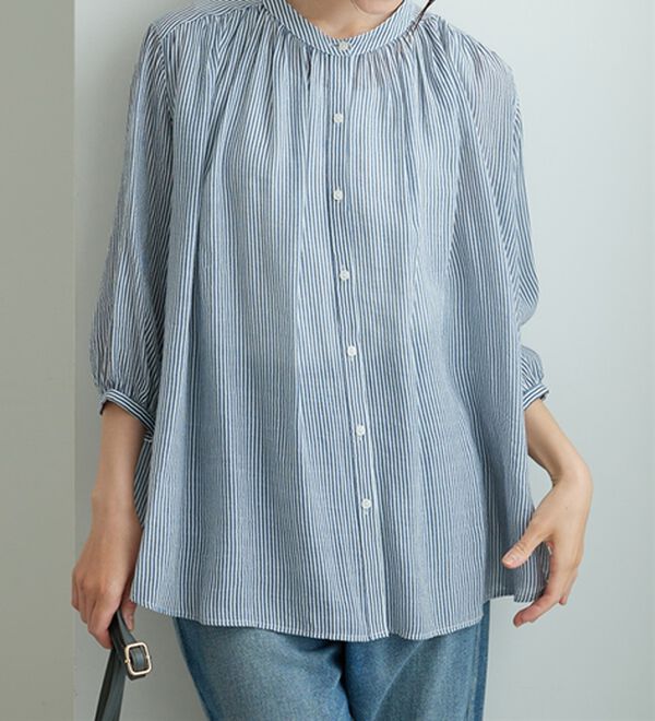 BELLUNA（ベルーナ）の「【新色追加】スラブ素材ギャザーデザインブラウス（ブラウス）」｜ストライプ