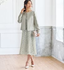 BELLUNA（ベルーナ）の「シャンタン素材ノーカラージャケットレースワンピースアンサンブル（ワンピースセットスーツ）」
