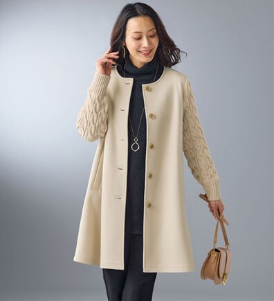 BELLUNA（ベルーナ）の「ケーブルニット使いフェイクウールコート（ハーフコート）」