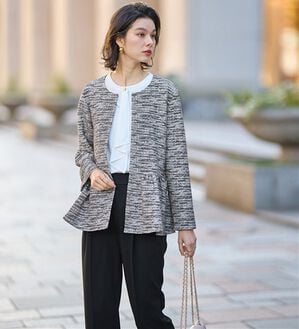 GeeRA（ジーラ）の「【２点セット】ニットツイードペプラムジャケットセットアップスーツ（パンツスーツ）」｜ブラック系