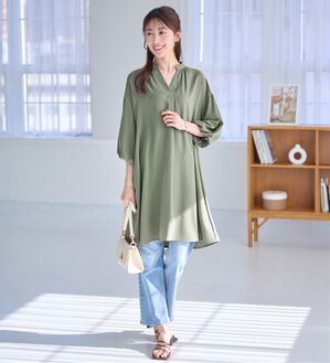 alotta（アロッタ）の「パフ袖とろみブラウスチュニックワンピース（チュニックワンピース）」｜ライトカーキ