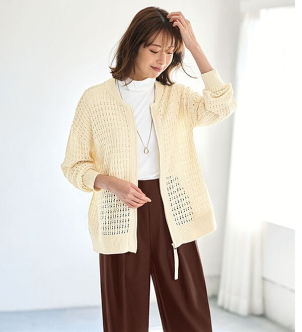 BELLUNA（ベルーナ）の「透かし柄ニットジップブルゾン（ニットカーディガン）」｜詳細画像