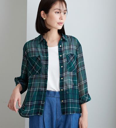 BELLUNA（ベルーナ）の「シフォン楊柳チェック柄プリントシャツ（シャツ）」