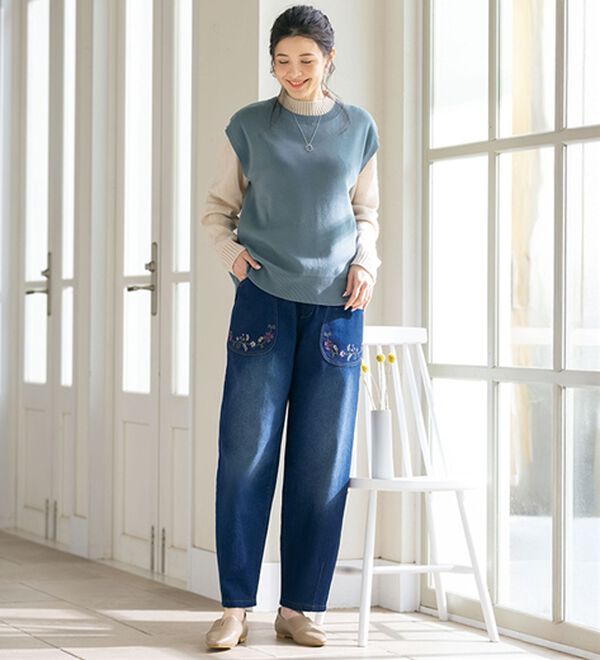 ルフラン（ルフラン）の「【２本組】気まぐれ刺しゅうの花うたデニム（フルレングスパンツ）」｜詳細画像