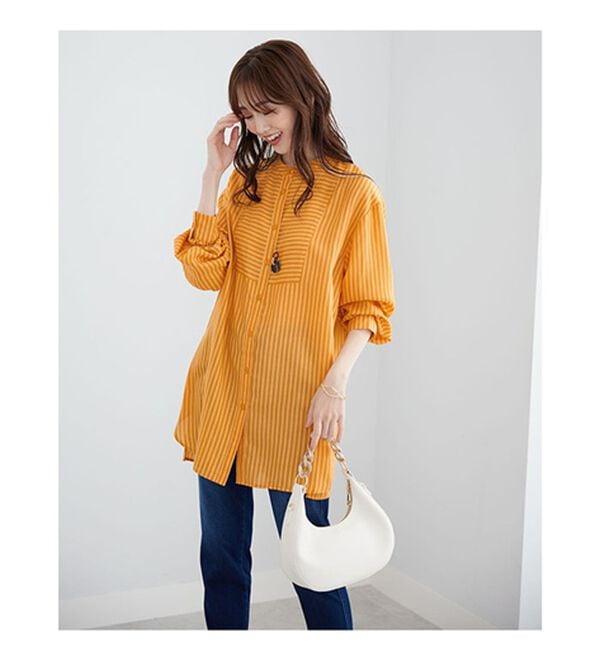 BELLUNA（ベルーナ）の「お手入れ簡単！ストライプ切替シャツチュニック（チュニック）」｜詳細画像