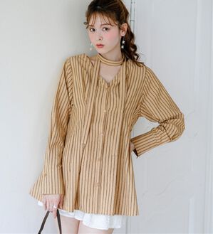 「ウエストタックデザインシャツブラウス（シャツ）」｜ブラウン系