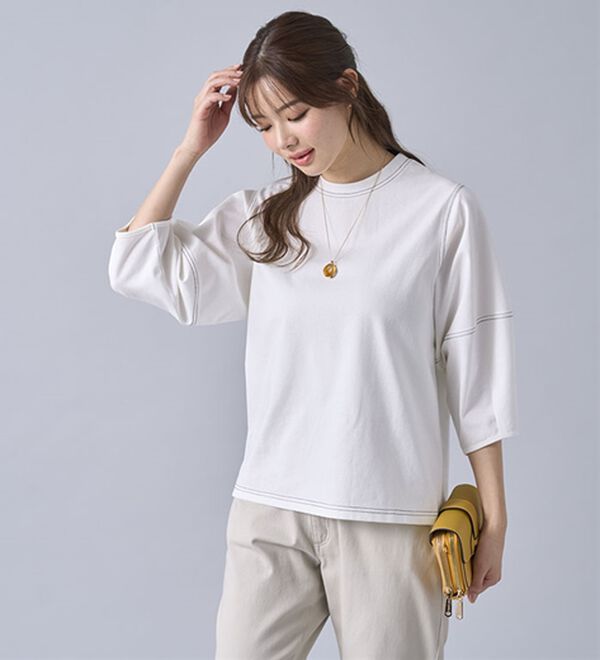 BELLUNA（ベルーナ）の「ヒンヤリ！袖デザイン配色ステッチプルオーバー（カットソー）」｜詳細画像