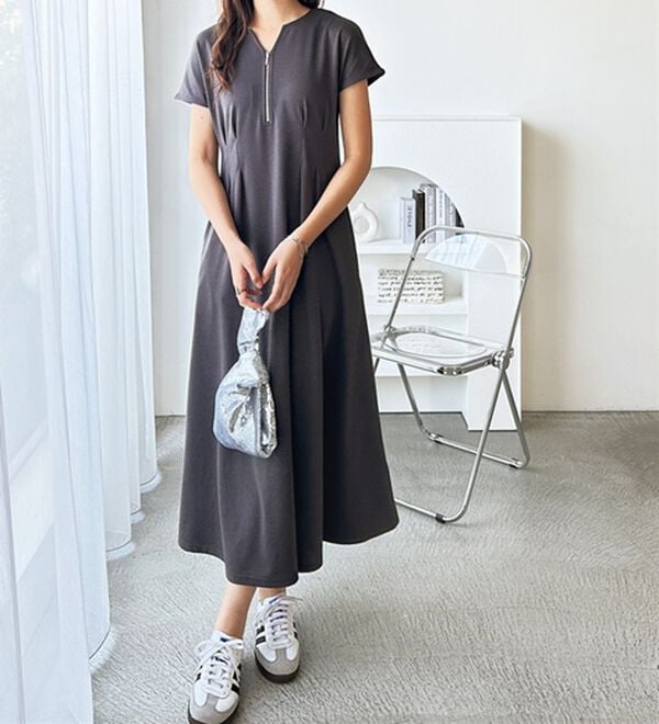 前後2WAYハーフジップフレンチ袖ワンピース - ベルーナ【公式】