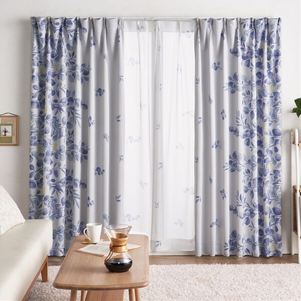 「簡単！素敵にコーディネート　カーテン＆ボイルレースセット＜ボタニカルグリーン・ボタニカルフラワー・ボタニカルブルー＞（ドレープカーテン）」｜ボタニカルブルー