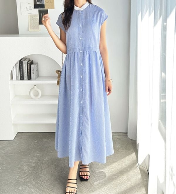 クレリック配色ウエストギャザーシャツワンピ―ス - ベルーナ【公式】