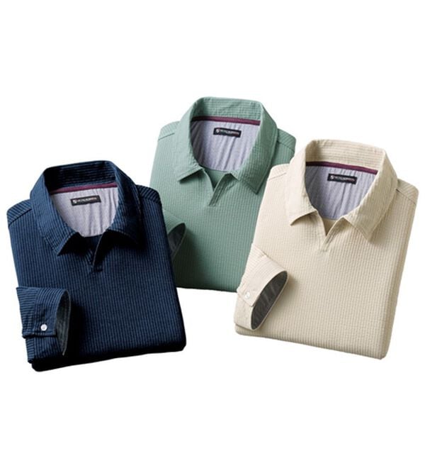 「＜ニコル　モリソン＞お洒落な７分袖スキッパーポロシャツ（メンズシャツ）」｜詳細画像