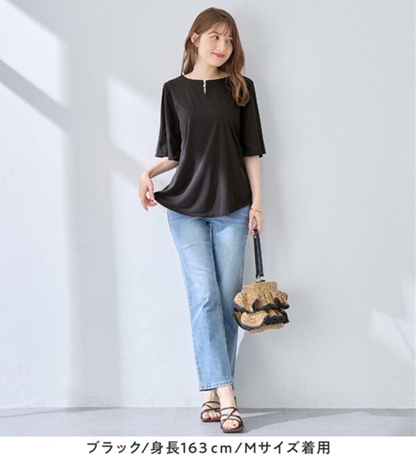 alotta（アロッタ）の「【接触冷感】パールデザイン５分袖Ｔシャツブラウス（ブラウス）」｜詳細画像