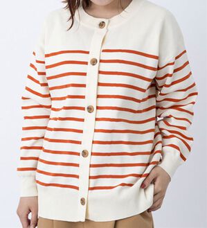 BELLUNA（ベルーナ）の「ボーダークルーネックカーディガン（ニットカーディガン）」｜オフ白／オレンジ