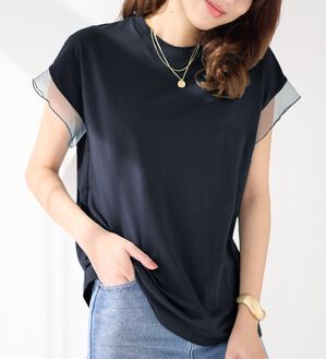 alotta（アロッタ）の「１枚でこなれ感！袖チュールデザイン綿混Ｔシャツ（Tシャツ）」｜詳細画像