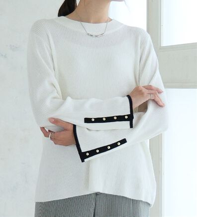 A HAPPY MARILYN（アハッピーマリリン）の「【Ｌ～８Ｌ】フィットしすぎない！もっちりリブ 配色美人着回し 袖ボタンニット（ニット・セーター）」