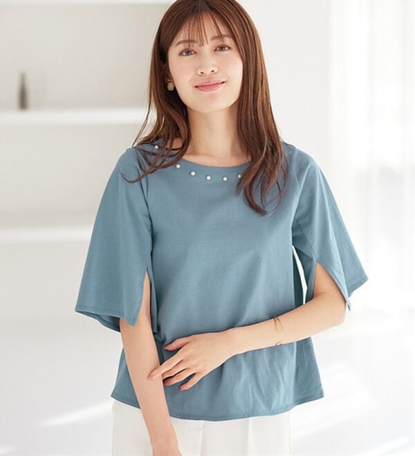 alotta（アロッタ）の「【接触冷感】綿１００％パール調デザインＴシャツ　さらひやりコットン（Tシャツ）」｜ブルー