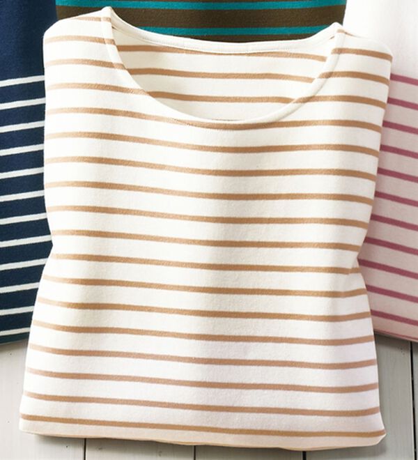 BELLUNA（ベルーナ）の「＜＆ｃｏｃｏｃｈｉ＞ハピネスコットン１００％なめらかボーダープルオーバー（カットソー）」｜白&times;ベージュ