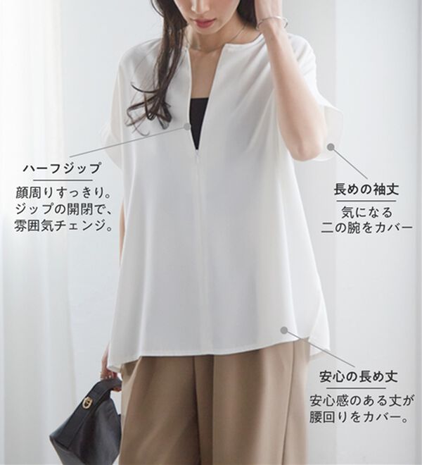 RANAN（ラナン）の「【着痩せ】ひんやり&汗シミ防止前後2WAYハーフジップブラウス（ブラウス）」｜詳細画像
