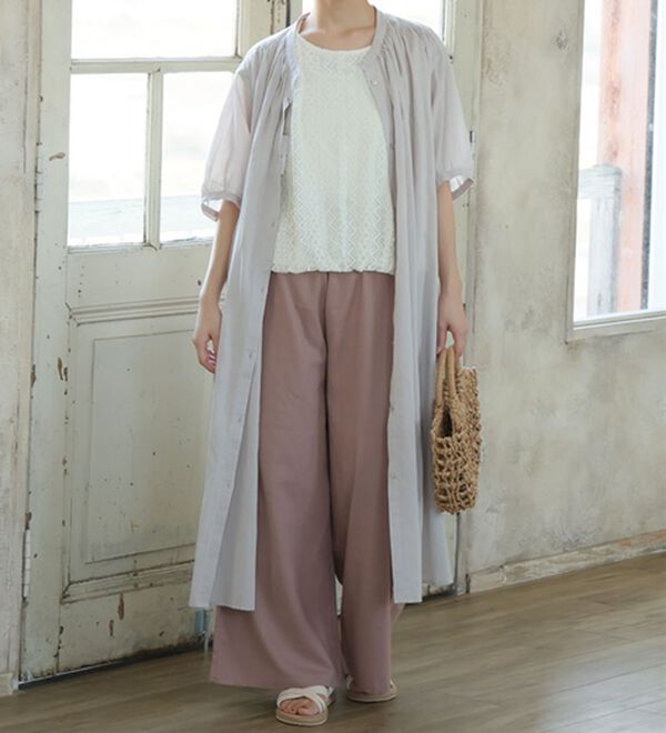 A HAPPY MARILYN（アハッピーマリリン）の「【Ｌ～６Ｌ】【風通るプレミアム】綿１００％ 楊柳 五分袖 ギャザーたっぷりワンピース（カットソーワンピース）」｜ライトベージュ