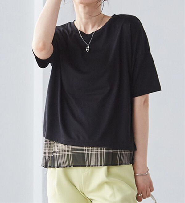 RANAN（ラナン）の「チェック柄異素材使いTシャツ（カットソー）」｜詳細画像