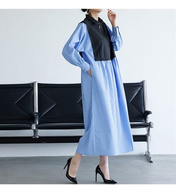 RANAN（ラナン）の「ジップデザイン異素材切替ストライプワンピース（その他ワンピース）」｜詳細画像