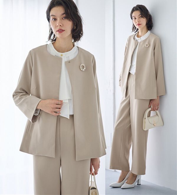 GeeRA（ジーラ）の「【２点セット】フレアーラインジャケットワイドパンツセットアップスーツ（パンツスーツ）」｜ベージュ
