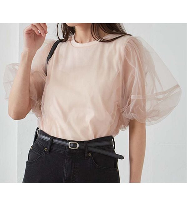 RANAN（ラナン）の「【ひんやり】チュールレイヤードパフスリーブTシャツ（カットソー）」｜詳細画像