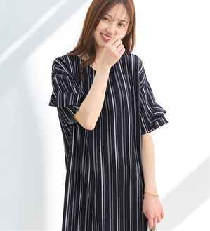alotta（アロッタ）の「【４つの機能付】ひんやりフリル袖Ｔシャツワンピース（シャツワンピース）」｜ネイビー系ストライプ