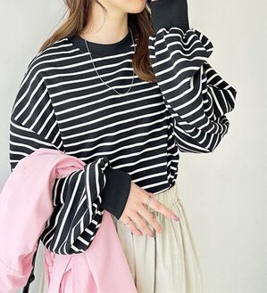 GeeRA（ジーラ）の「裾ドロストボーダーロンＴ（カットソー）」｜ブラック&times;オフ