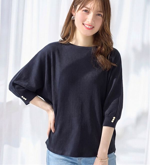 alotta（アロッタ）の「袖口パールゆるドルマンリブトップス（カットソー）」｜ネイビー