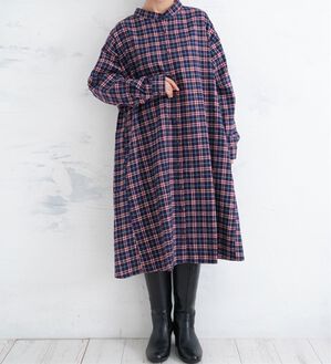 A HAPPY MARILYN（アハッピーマリリン）の「【ＬＬ～８Ｌ】フランネル チェック 細魅せ シャツワンピース（シャツワンピース）」｜ネイビー&times;ボルドー