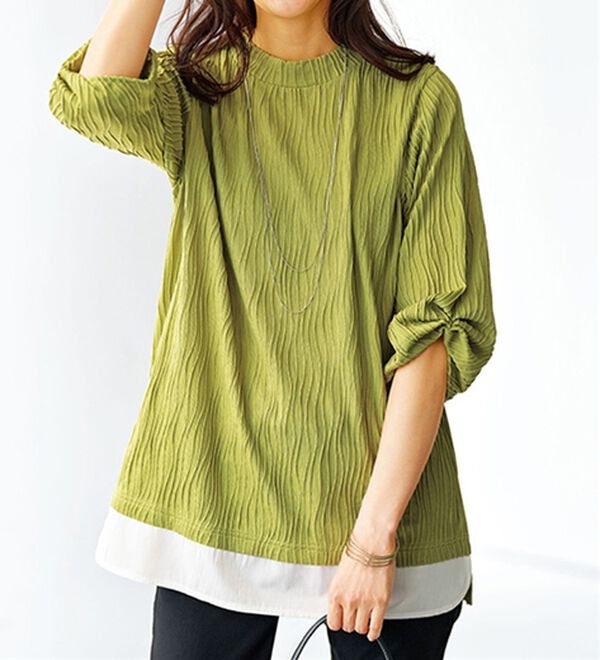 BELLUNA（ベルーナ）の「裾切替波柄ジャカード素材プルオーバー（カットソー）」｜グリーン