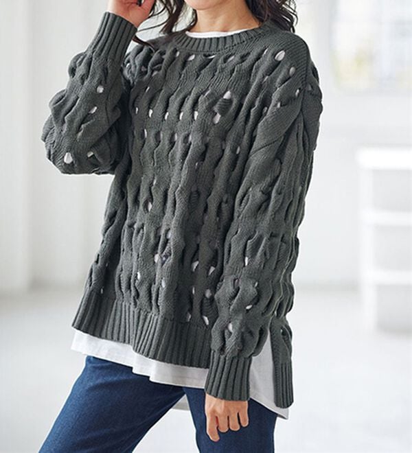 BELLUNA（ベルーナ）の「重ね着を楽しむ透かし編ニットセーター（ニット・セーター）」｜チャコール