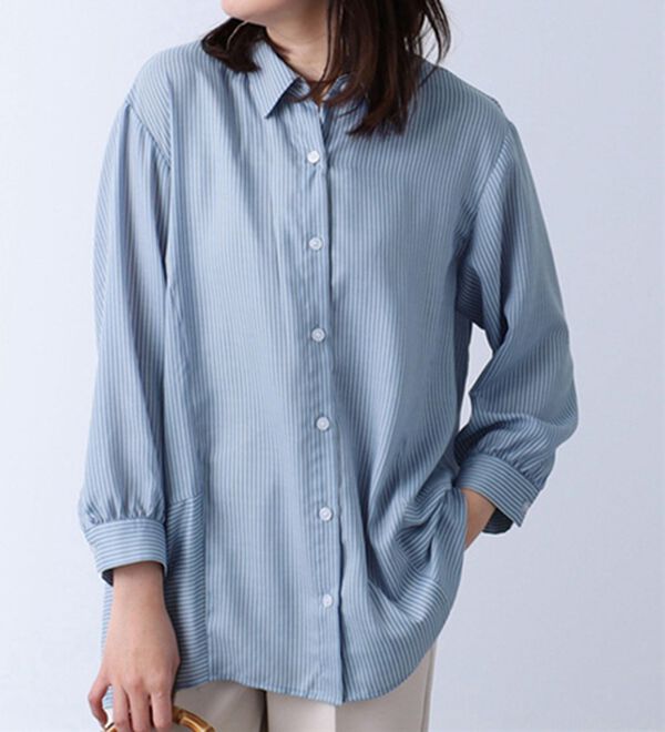 BELLUNA（ベルーナ）の「ストライプ切替デザインシャツチュニック（チュニック）」｜ブルー系