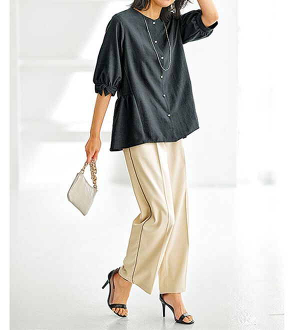 BELLUNA（ベルーナ）の「サラリ麻調素材袖リボンペプラムブラウス（ブラウス）」｜詳細画像