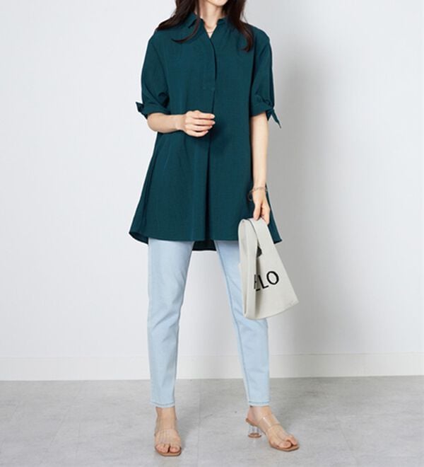 BELLUNA（ベルーナ）の「【接触冷感】麻調素材袖リボン使いシャツチュニック（チュニック）」｜詳細画像