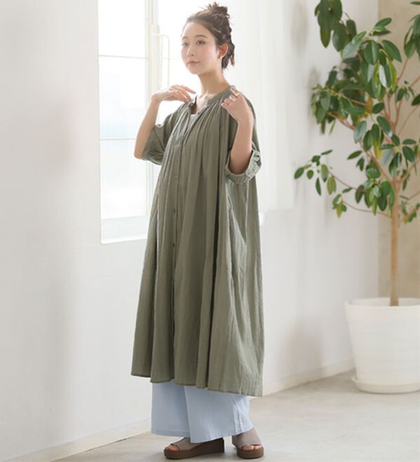 A HAPPY MARILYN（アハッピーマリリン）の「【Ｌ～６Ｌ】【風通るプレミアム】綿・楊柳、五分袖ギャザーたっぷりワンピース。（ロングワンピース）」｜詳細画像