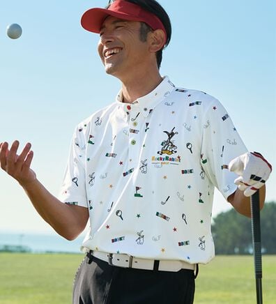 「＜ロッキーラビット＞ゴルフデザイン総柄ポロシャツ（メンズポロシャツ）」