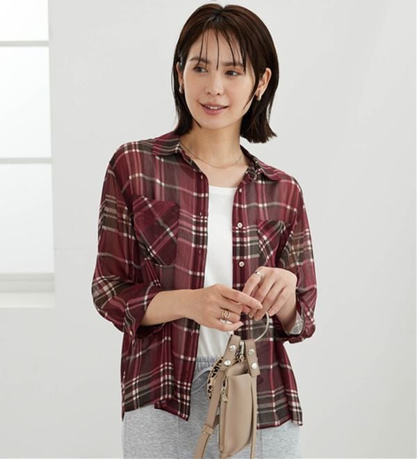 BELLUNA（ベルーナ）の「シフォン楊柳チェック柄プリントシャツ（シャツ）」｜詳細画像
