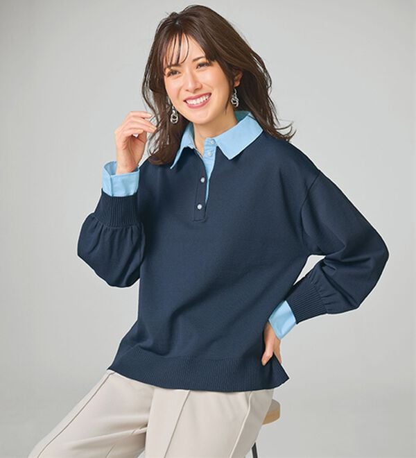 BELLUNA（ベルーナ）の「シャツ衿使いニットプルオーバー（ニット・セーター）」｜ネイビー