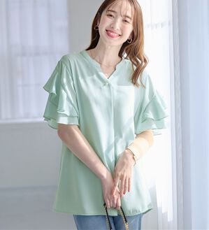 alotta（アロッタ）の「【イージーケア】フリル袖チュニックブラウス（チュニック）」｜ミントブルー