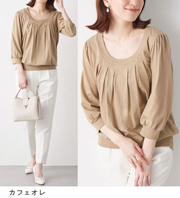 Viola e Viola（ヴィオラ エ ヴィオラ）の「【Ｍ～５Ｌ】綿１００％ふんわり胸元タックカットソー（カットソー）」｜詳細画像