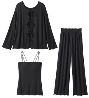 YU'NOW（ユナウ）の「＜リボンカーデ&times;ロングパンツ＞ぷるるん谷間のルームウェア３点セット（パジャマ・ルームウェア）」｜ブラック