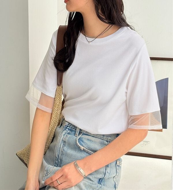 GeeRA（ジーラ）の「綿１００％袖シアー切替シルケットＴシャツ（Tシャツ）」｜詳細画像